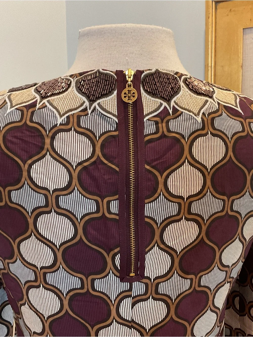 Tory Burch Silk Geometric Shift Dress Beaded Neckline Size 8